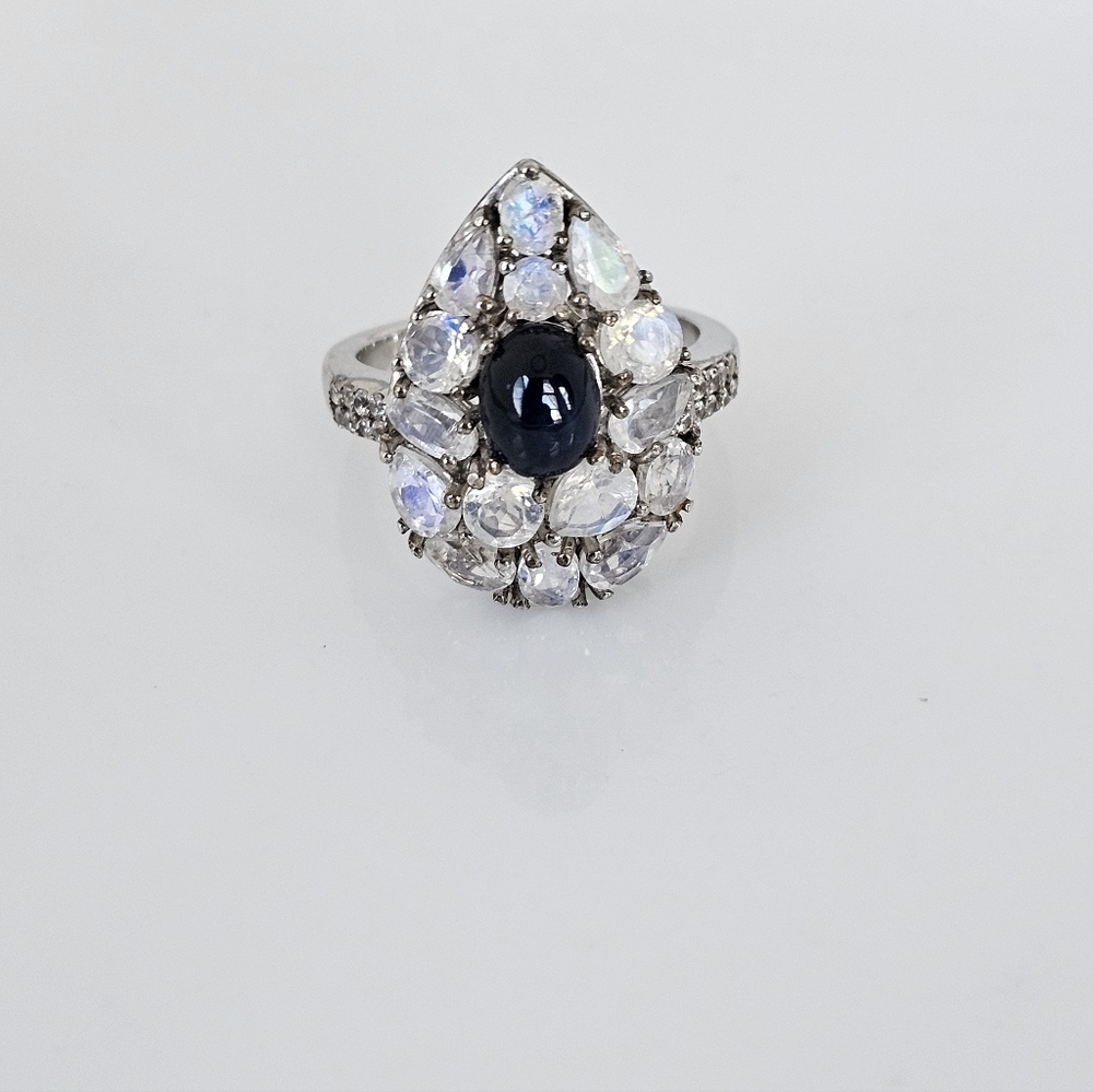 Natural Blue Star Sapphire & Moonstone Ring Platinum Sterling Silver Sz 8!